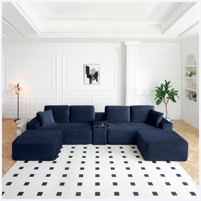 125" U-Shaped Cloud Sectional Sofa with 2 Ottomans, Deep Seat, Cup Holders & USB Ports, Corduroy, Blue