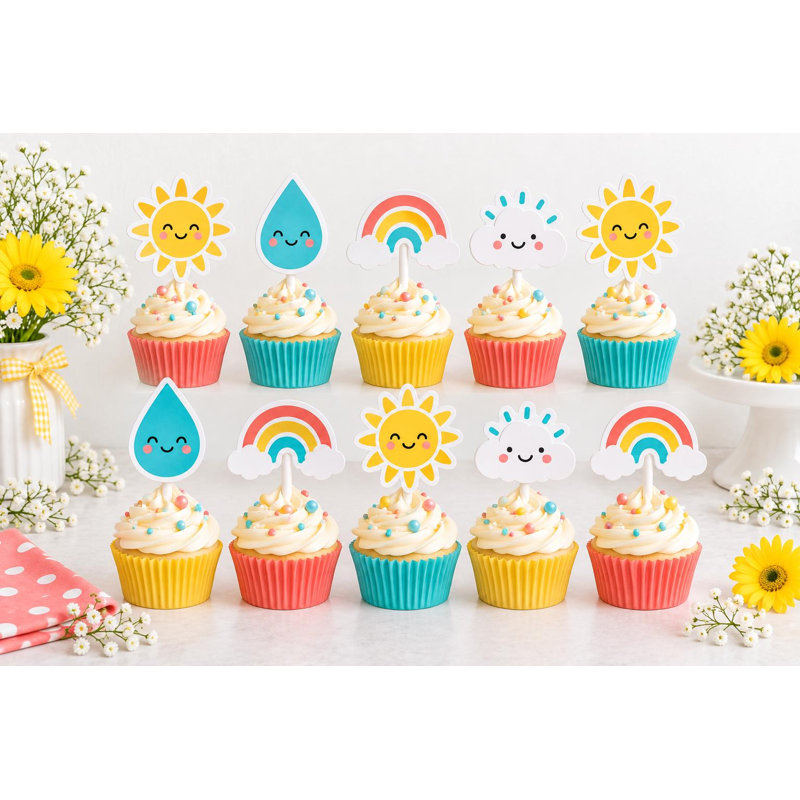 Décorations pour cupcakes « Soleil après la pluie », pics décoratifs pour fête prénatale « Arc-en-ciel, soleil, nuage et gouttes de pluie », décorations en carton