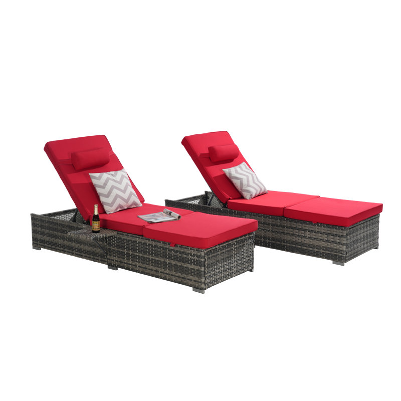 Ensemble de chaises longues d'extérieur inclinables avec table et coussins - ensemble de 2 , Rouge
