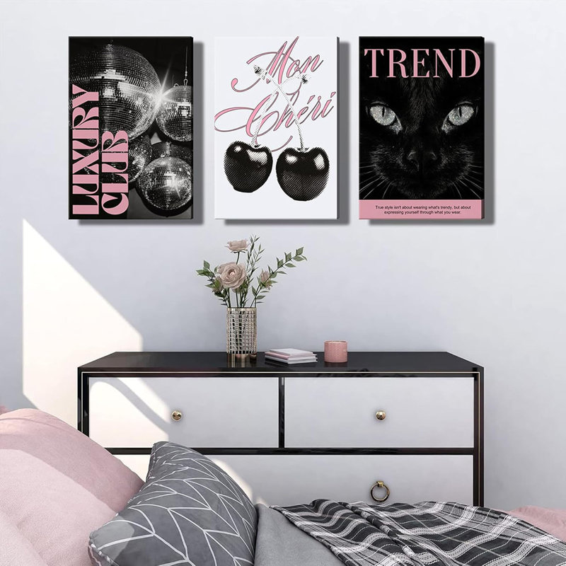 3Pcs Trendy Pink Preppy Canvas Wall Art Fashion Cat Disco Ball Cherry Posters Prints Funky Y2k Wall Decor Pictures for Girly Bedroom Apartment Dorm Decorations Ready To Hang