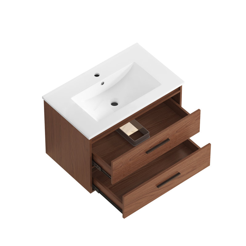Ensemble de meuble-lavabo mural 30 po avec lavabo en céramique et portes à fermeture en douceur, brun rougeâtre