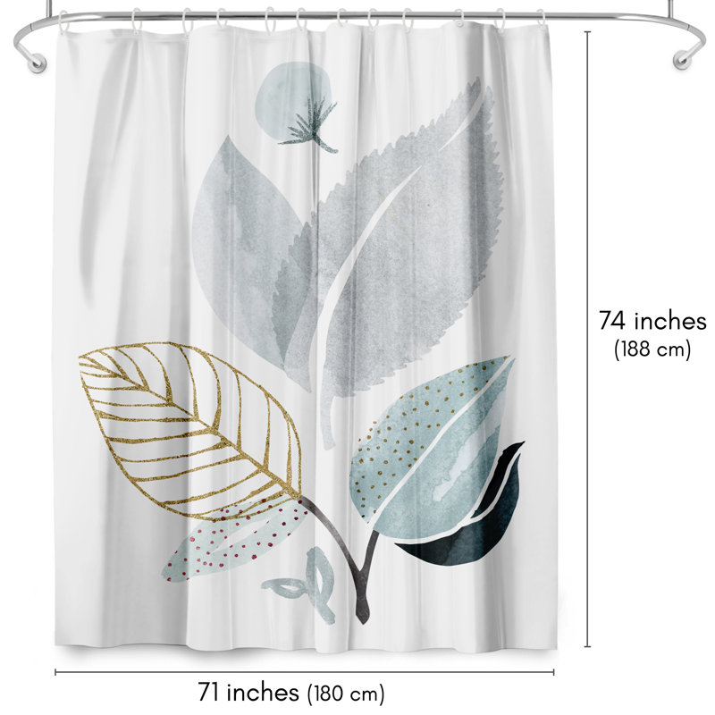 White and Gold Botanical Polyester Shower Curtain, 71" x 74"