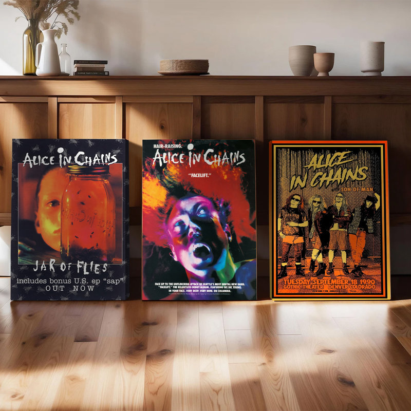 Ensemble de 3 affiches encadrées Alice in Chains, comprenant des reproductions de la pochette de l'album « Jar of Flies », des affiches de concert et des affiches décoratives pour les amateurs de musique et la décoration murale.