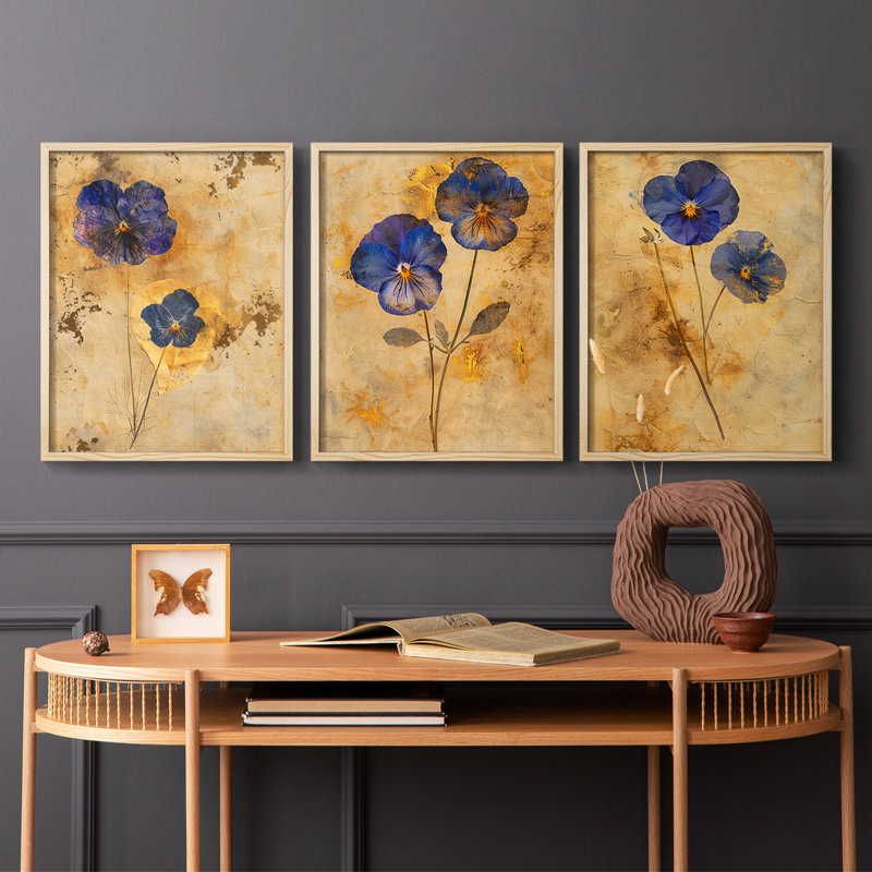 Étude florale, série III, ensemble de 3 estampes numériques, prêt à accrocher, Encadré naturel, H 28 po x l 22 po