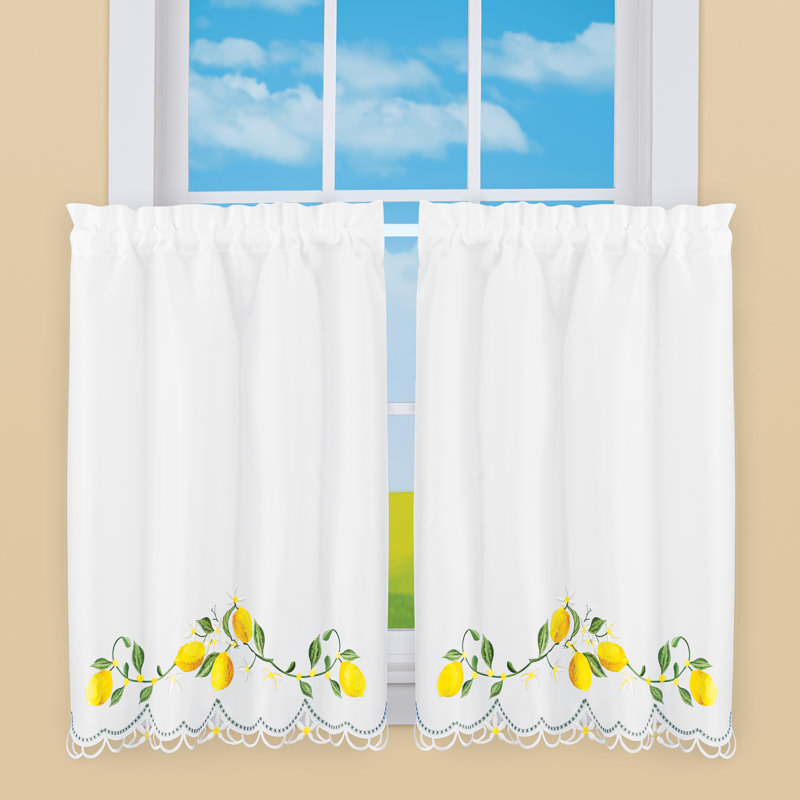 Rideaux de cuisine à bordure festonnée et à motif floral citron, L 29 po x L 36 po