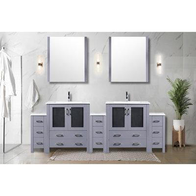Meuble-lavabo double gris foncé mesurant 96 po X P 18,25 po, avec armoires latérales, surface en céramique blanche, structure en bois massif, tiroirs à fermeture douce, deux armoires et treize tiroirs pour une abondance