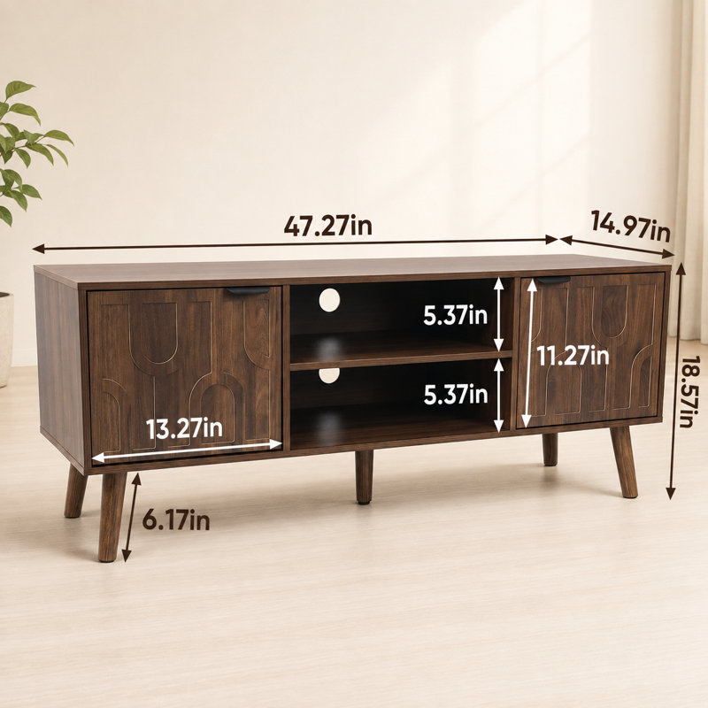 Meuble télé de couleur noyer pour salon, meuble de rangement en forme de trombone de style moderne Mid-Century de 47,27 pouces de largeur
