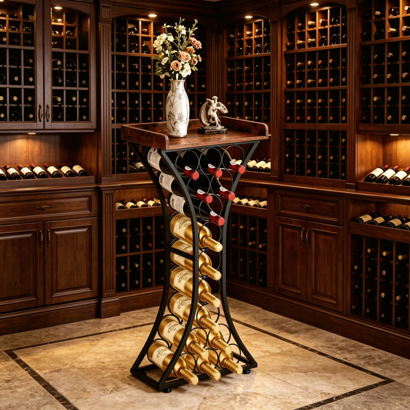 Freestanding Black Wine Rack with Wood Tabletop, Floor Wine Bottle Storage Stand Holds 15 Bottles for Home Bar Kitchen Dining Room