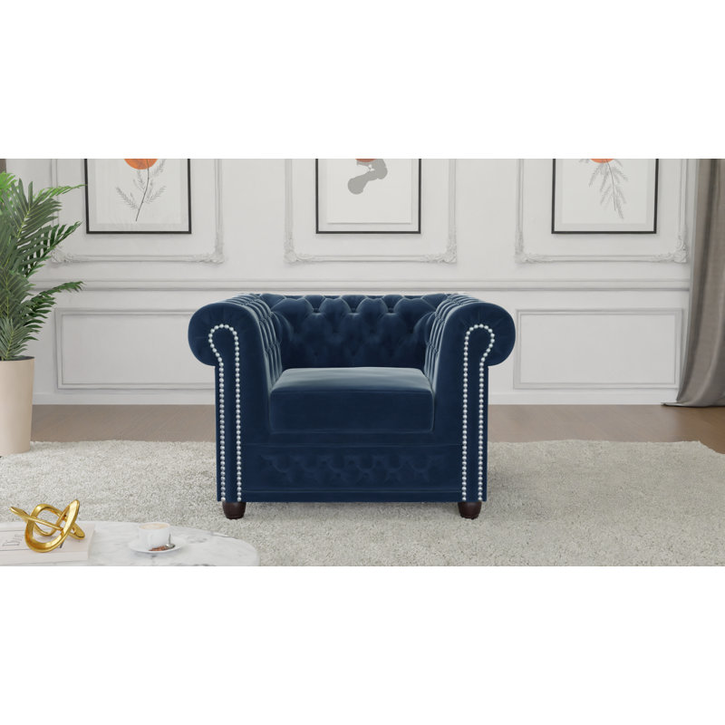 Chesterfield Armchair Hanna Made of Velvet Fabric with Solid Wood Legs, Navy Blue