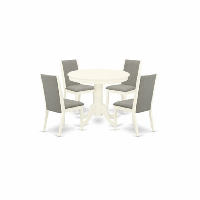 5 Piece Dining Room Furniture Set Includes a Round Kitchen Table with Pedestal and 4 Shitake Linen Fabric Parsons Dining Chairs, 36x36 Inch, Linen White