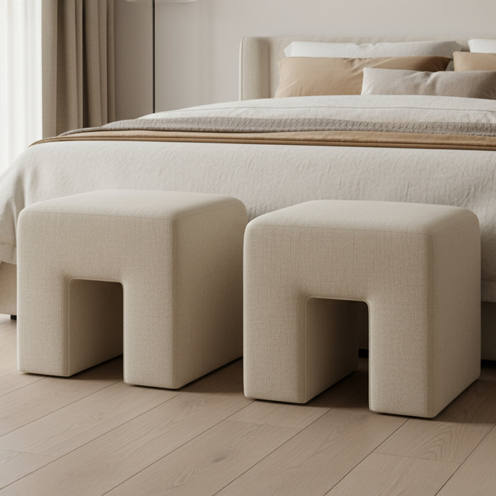 18" Linen Upholstered Ottoman, Beige