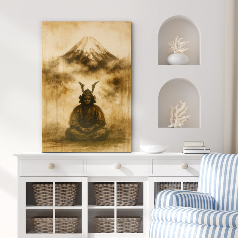 «Samurai Meditating with Mount Fuji Vintage Art», reproduction d'art sur toile encadrée, H 36 po x l 24 po x P 1,5 po
