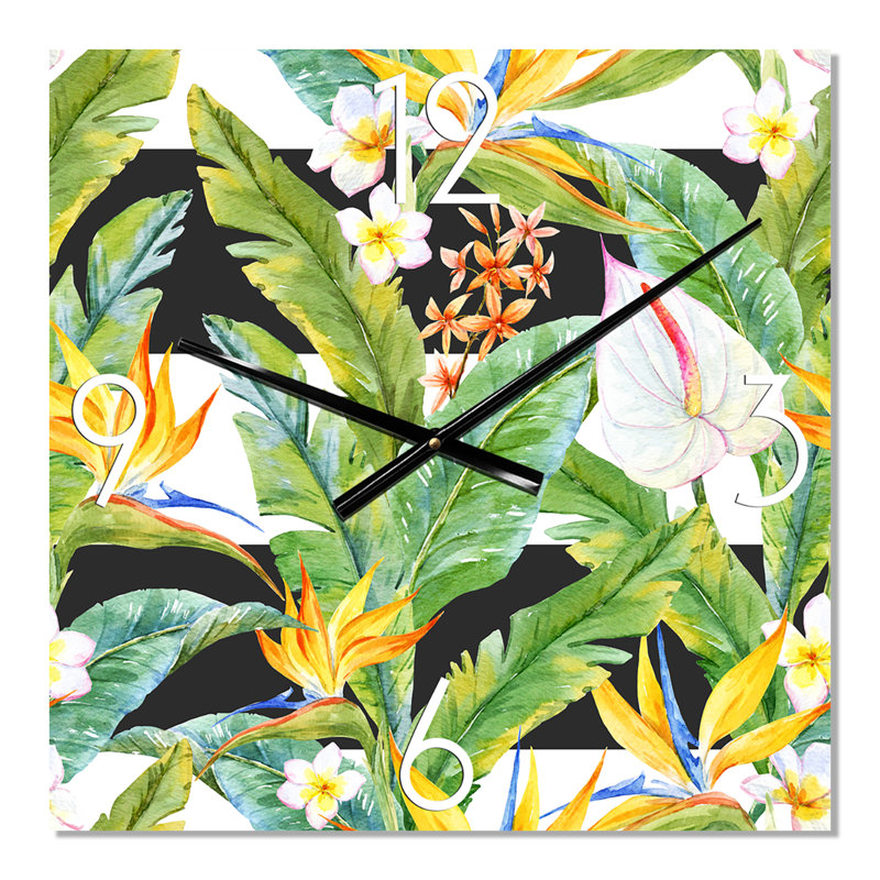 Horloge murale moderne feuillage tropical et fleurs jaunes IV, Moyen