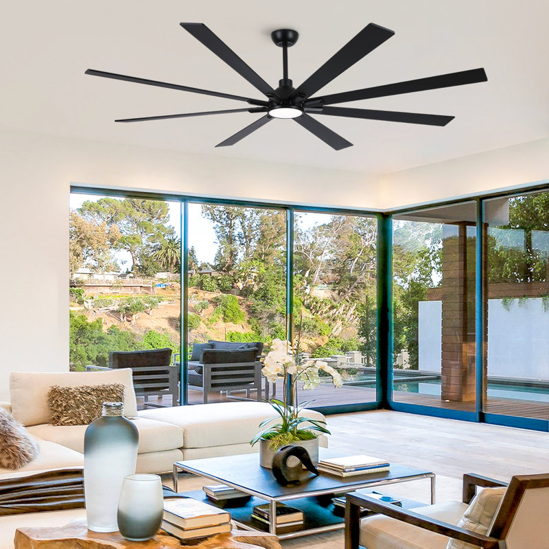 Modern 84" Indoor Windmill Matte Black Ceiling Fan With LED Lights, Remote Control and 8 Wood Blades, Black, 84" Wide