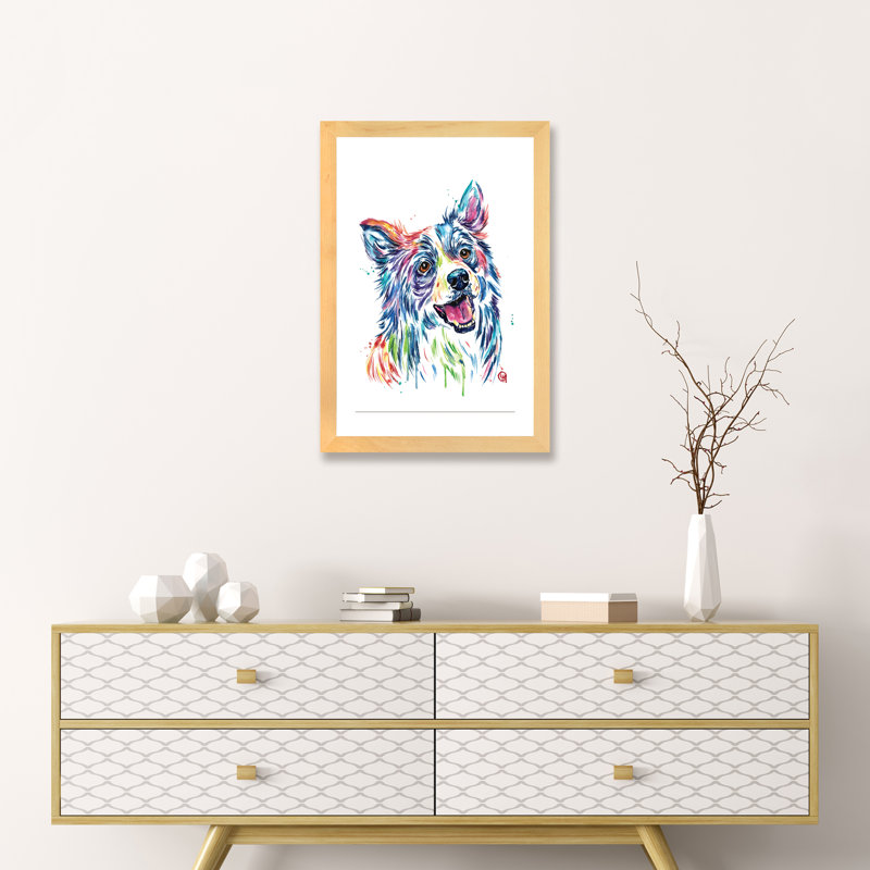 Border collie par Lisa Whitehouse - Reproduction d'art graphique sur papier encadré, Papier encadré de bois naturel, Blanc