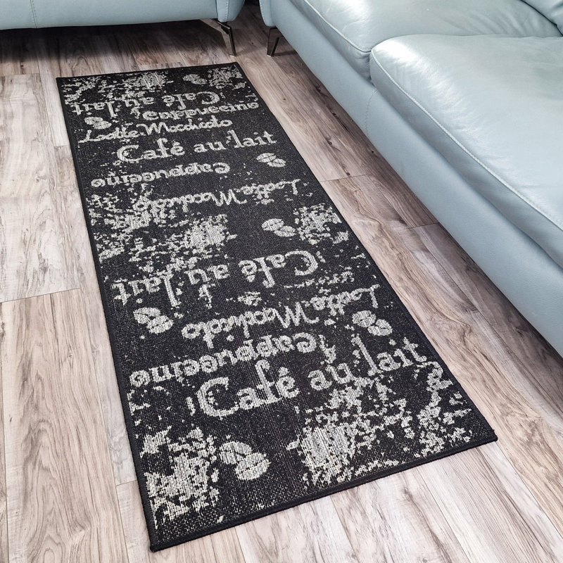 Non Slip Coffee Rug Flat Weave Kitchen Living Room Carpet, Rectangle 60 x 110 cm, Black