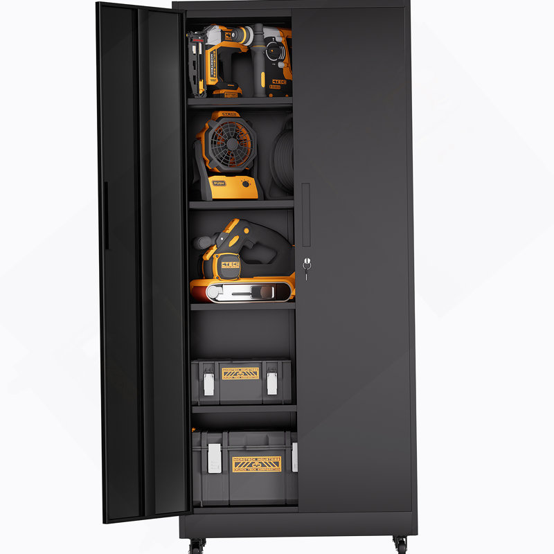 Heavy Duty Rolling Garage Storage Cabinet With Lockable Wheels, 4 Adjustable Shelves, And 3-Point Security Lock For Secure Tool Organization.