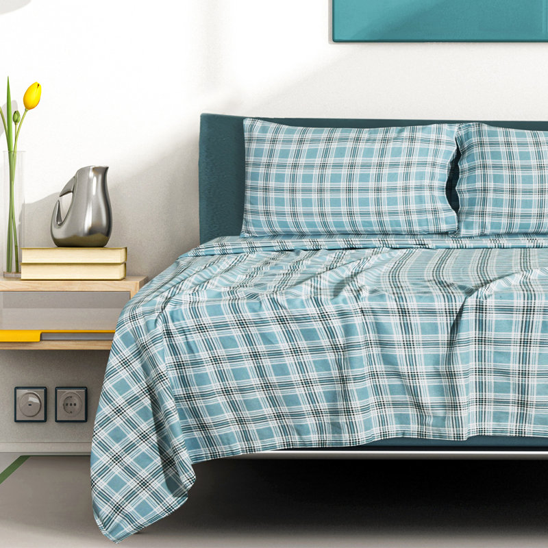 Prionto 100% Cotton Flannel Sheet Set, Twin XL, Green, Grey Plaid