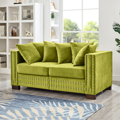 Abricot moderne avec rembourrage carré avec accoudoirs carrés et clous argentés, support en bois massif, siège à ressorts, housses amovibles, velours de rangement sous le siège, sièges confortables, coussins,