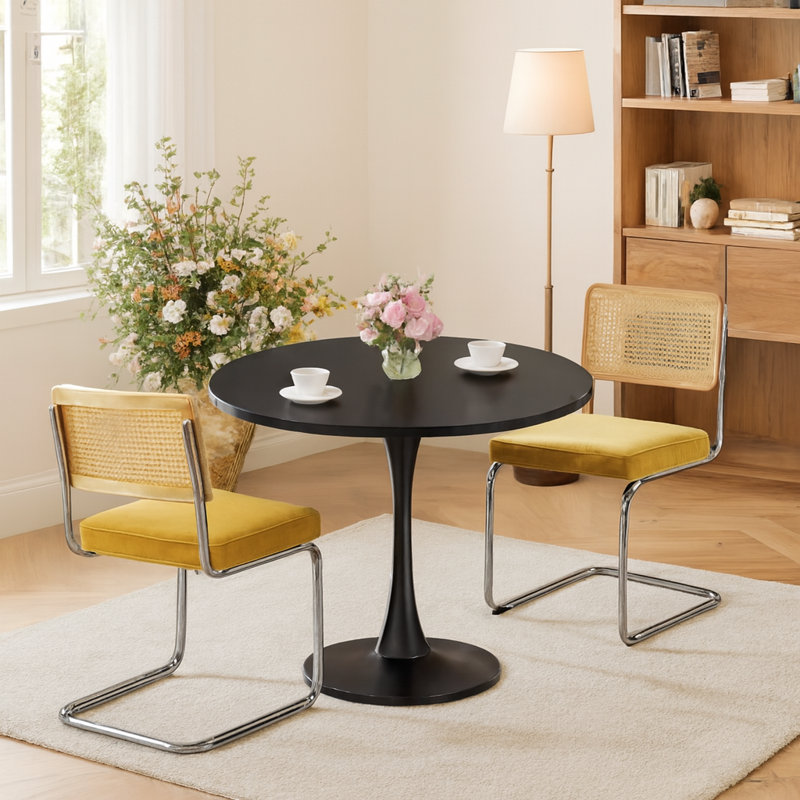 Ensemble de salle à manger rond 3 pièces à économie d'espace 24 po, table avec chaises en rotin, Noir, Doré