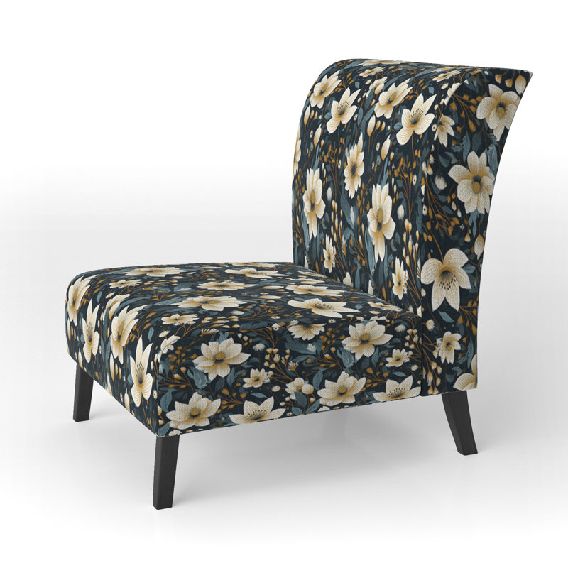 Fauteuil de chambre rembourré blanc et noir à motif floral Magnolias III