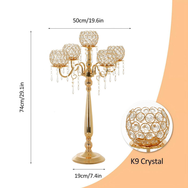 5 Arm Crystal Candelabra Centerpieces For Wedding Tables,29.5 Inches Tall, Gold, 1