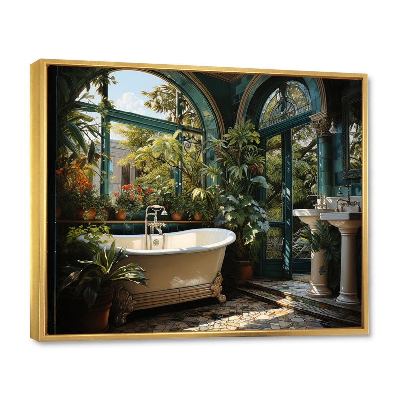«Bathroom Botanical Retreat III» - reproduction, H 34 po x l 44 po x P 1,5 po, Cadre flottant doré