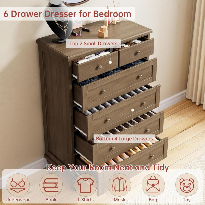 Vintage 6 Drawer Dresser for Bedroom, Tall Wood Dresser with Tapered Legs Support, Dressers & Chests of Drawers, Brown
