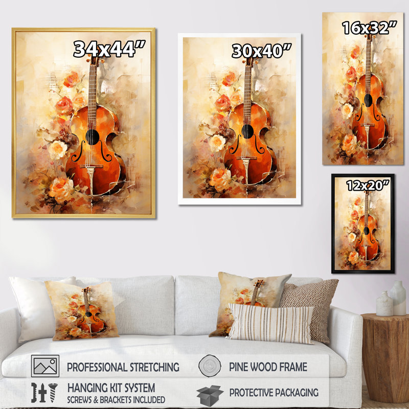 Violon mandoline Melody Sienna Serenade - décoration murale musique, Cadre flottant doré, H 40 po x l 30 po
