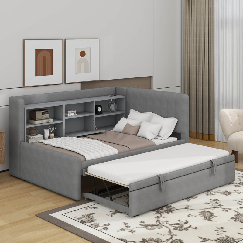 Lit de jour simple rembourré avec lit gigogne, tablettes de rangement, port USB et prise de courant, Gris