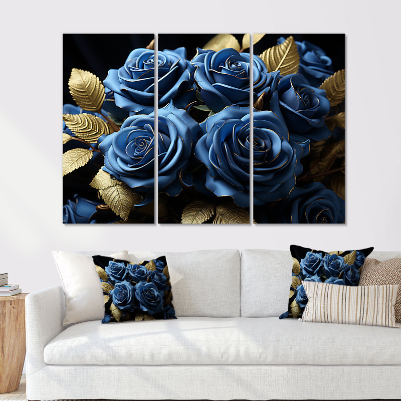 «Azure Blue Roses Arrangement Elegance II», ensemble d'art mural sur toile Roses, H 40 po x l 60 po x P 1 po