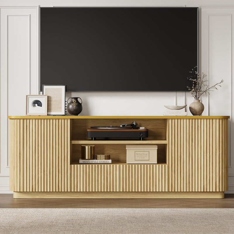 70"Fluted TV Stand for TVs Up to 80", Modern Entertainment Center with 2 Drawers & Cabinets, TV Console with Curved Profile Design