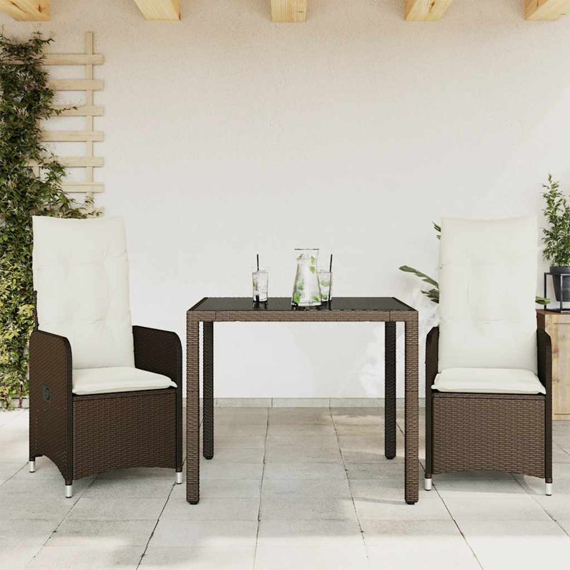 Ensemble bistro de patio avec coussins en rotin de polyester brun, H 29,5 po x l 35,4 po x P 35,4 po, 2