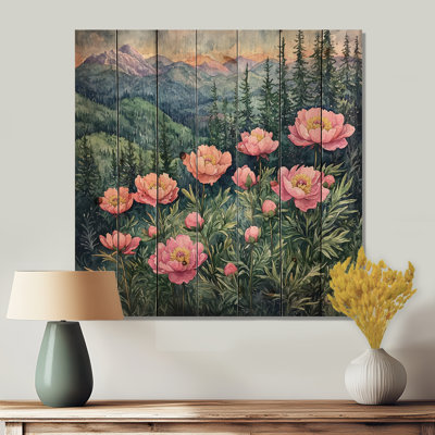 Peonies In The Forested Hills I - Peonies Wood Wall Decor - On Natural Pine Wood