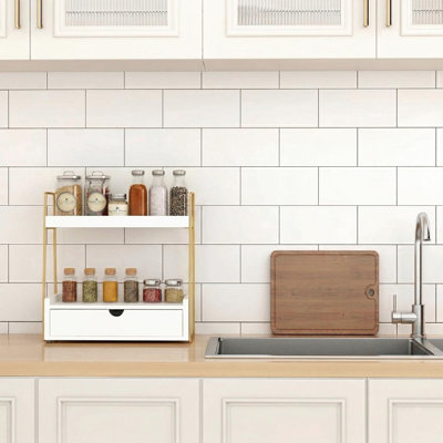 Comptoir de rangement de salle de bain à 2 niveaux avec tiroir, organisateur de comptoir en bois pour le décor de la salle de bain, tablette de lavabo pour rangement de meuble-lavabo, plateau de maquillage pour coin de cuisine de chambre à coucher de parfum