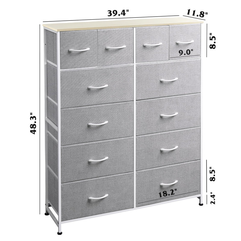 Tall Fabric Dresser With 12 Drawers For Bedroom, Closet, Chests Of Drawers, Fabric Storage Dressers, Steel Frame, Light Gray