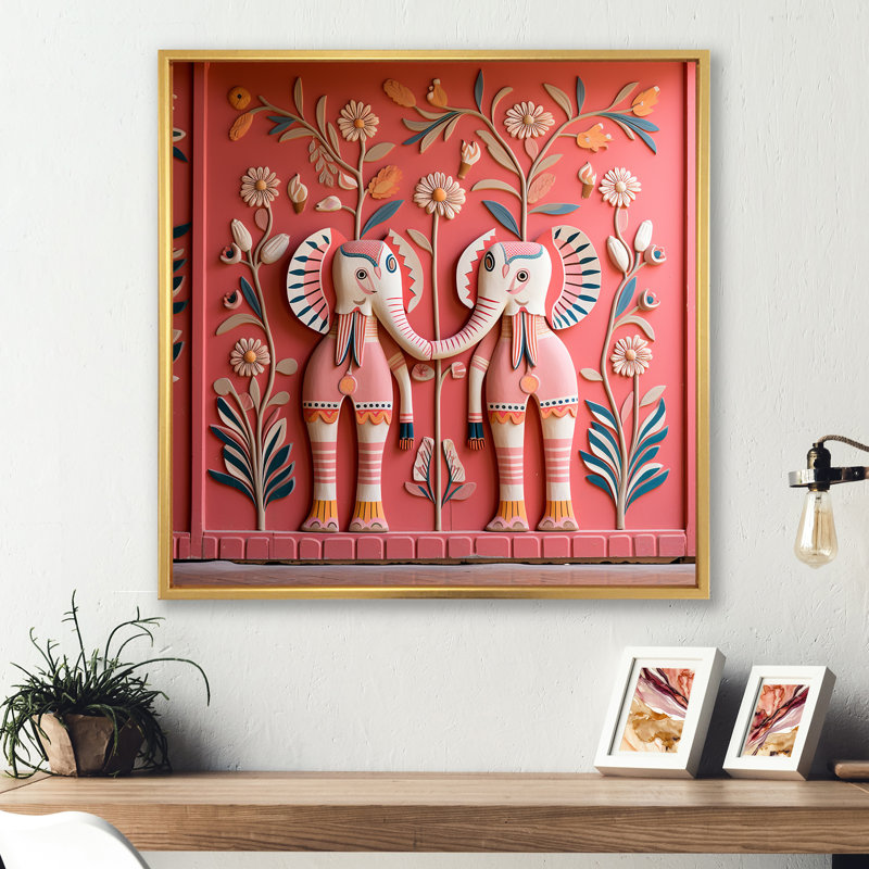 Art indien, éléphants de Jaipur 1 - Art mural indien, H 36 po x l 36 po x P 1,5 po, Cadre flottant doré