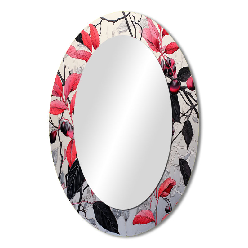 Miroir mural ovale rouge et noir minimaliste botanique II, 36 po x 24 po