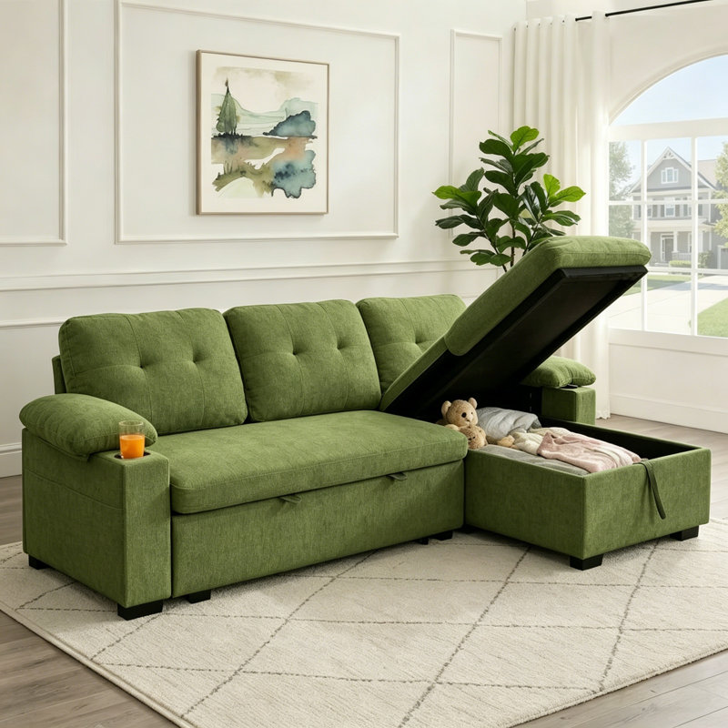 95" Sleeper Sectional Sofa with Pull-Out Bed, Convertible L-Shaped Couch with Reversible Storage Chaise, USB Ports, Cup Holders & Side Table for Living Room, Apartment