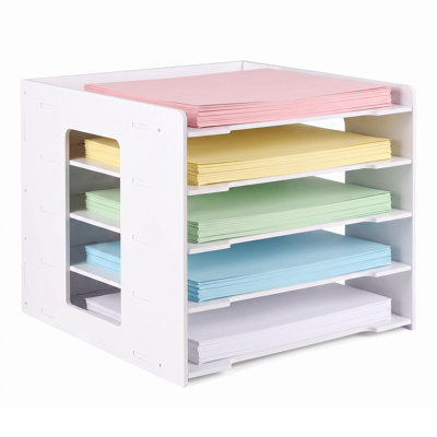 5 Tier Scrapbook Paper Organizer White, Stackable Desktop File Storage Trays for Desk Office School