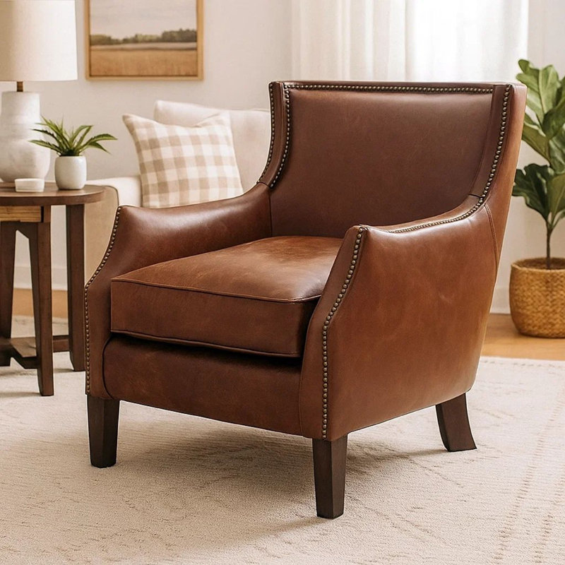 Fauteuil d'appoint, garniture cloutée, cuir fleur brun, bois d'hévéa