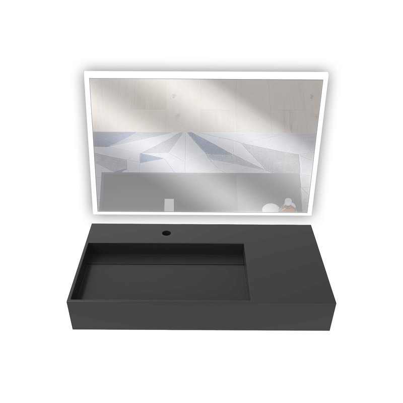 Juniper 36" Solid Surface Wall Mount Modern Minimalist Left Basin Bathroom Sink and LED Mirror Set, Black