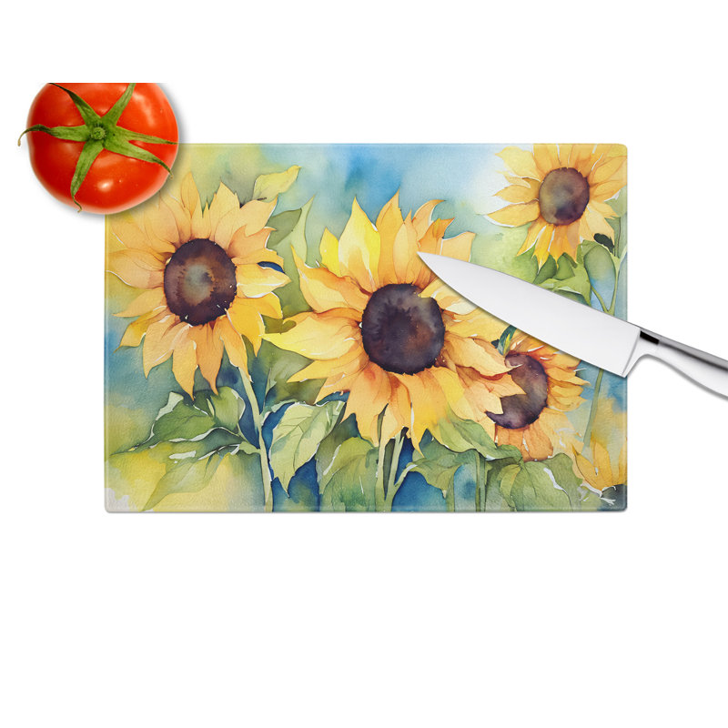 Large Tempered Glass Cutting Board with Sunflower Watercolor Design