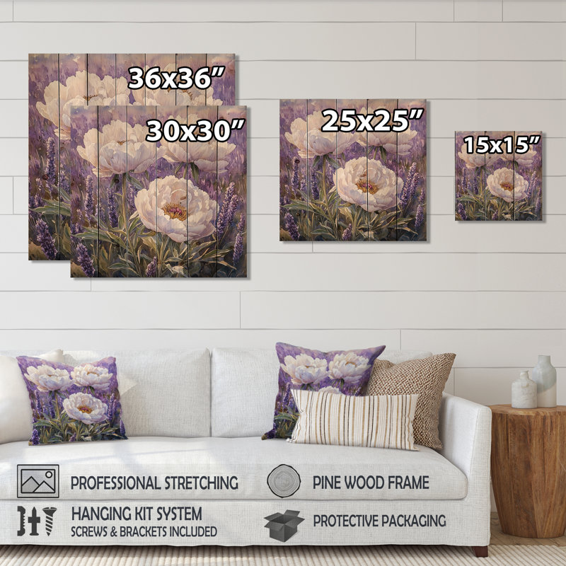 Peonies In The Lavender Field III - Peonies Wood Print - On Natural Pine Wood, 30" H x 30" W x 0.78" D