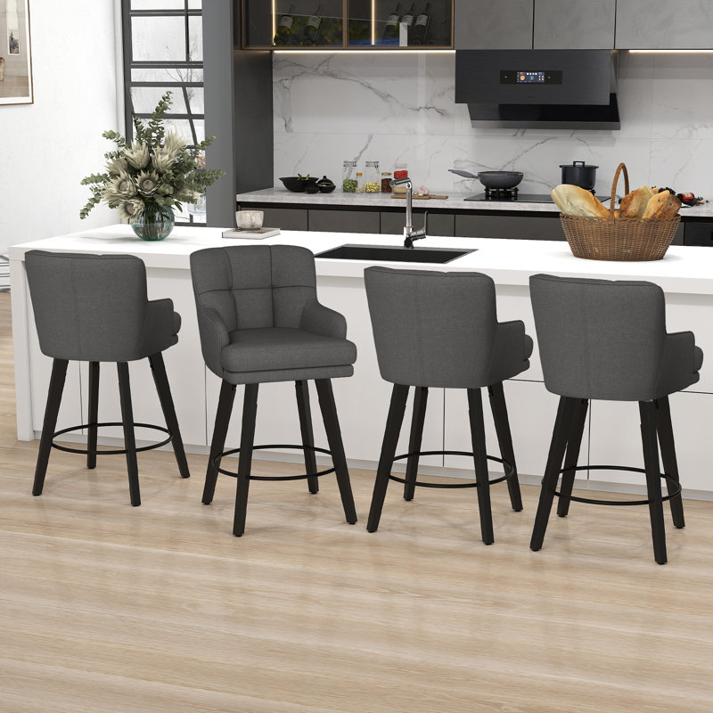 26''H Upholstered 360°Swivel Counter Height Bar Stools, Wood Legs Kitchen Island Chairs, Black Gray Seat/ Black Frame, 4