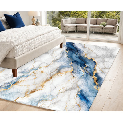 Tapis en velours de marbre abstrait bleu or Splash, dossier antidérapant, tapis décoratif, décoration intérieure élégante pour le salon, la chambre à coucher, le vestibule, la porte d'entrée, la cuisine, le balcon, l’appartement