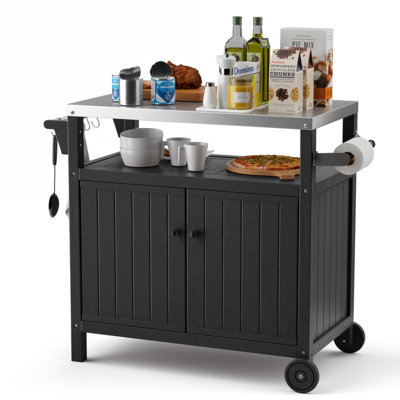 Portable Outdoor Grill Prep Table with Storage, Waterproof Outdoor Grill Cabinet, Stainless-Steel Tabletop Outdoor Kitchen Island, BBQ Cart with Wheels, Hooks and Side Shelf