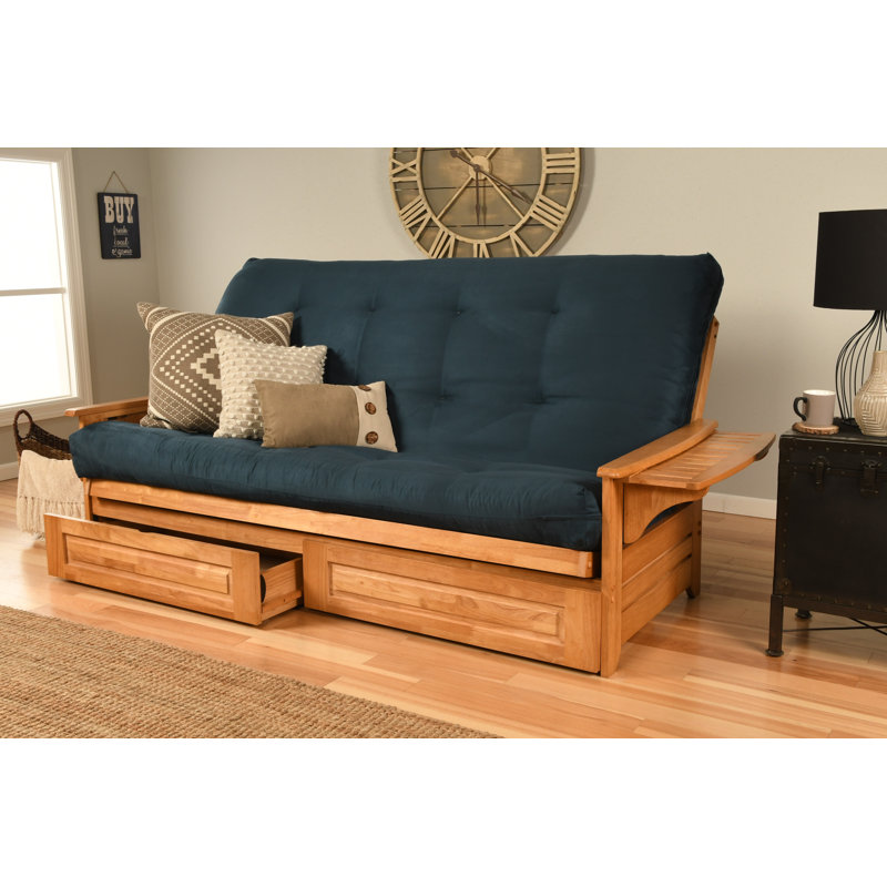 Futon avec rangement Stratford, Microsuède bleu, Innerspring, Noyer cendré