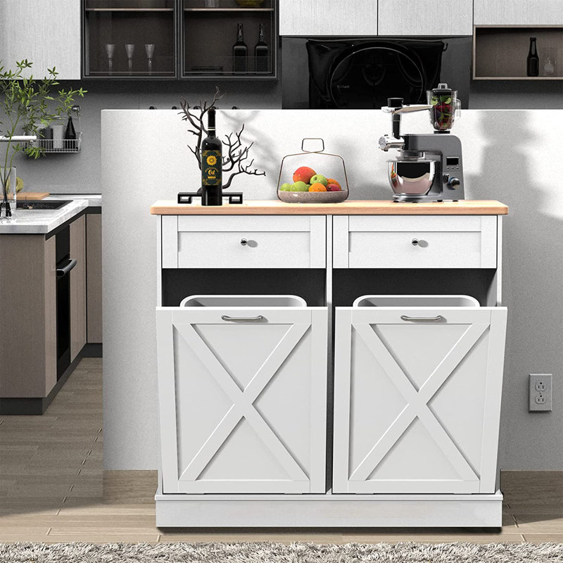 White Rubberwood Double Tilt-Out Kitchen Cabinet with Drawers