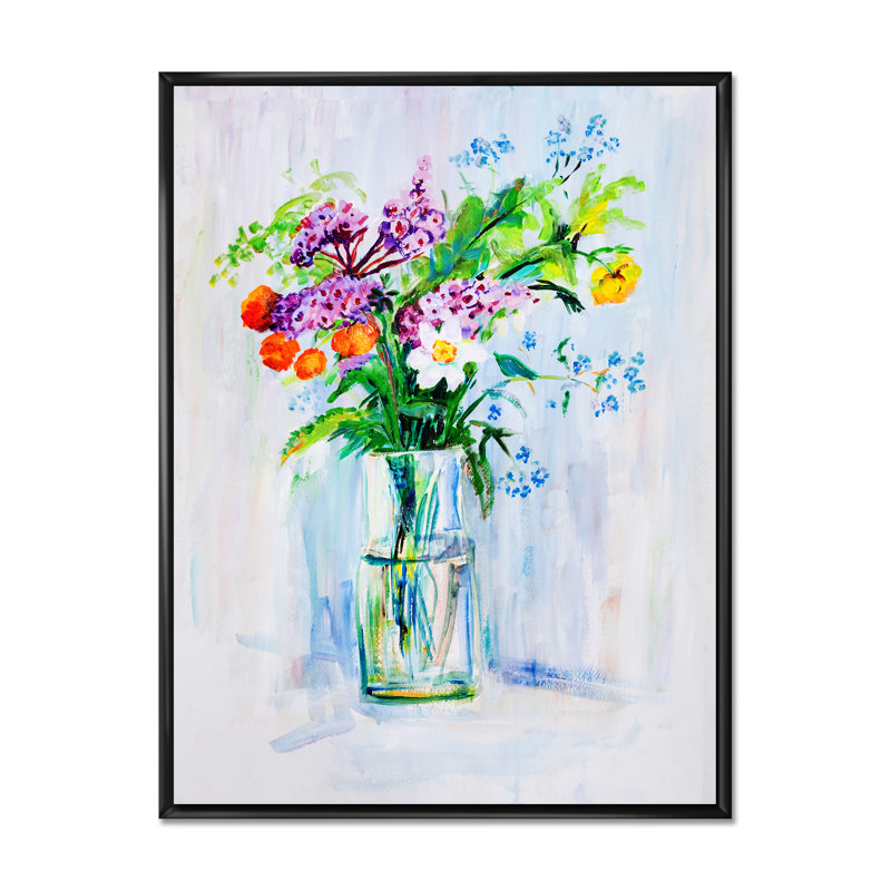 Bouquet de fleurs d'été - peinture, H 20 po x l 12 po, Cadre flottant noir